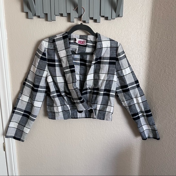 Vintage black & white plaid long-sleeve top, medium - Picture 1 of 10
